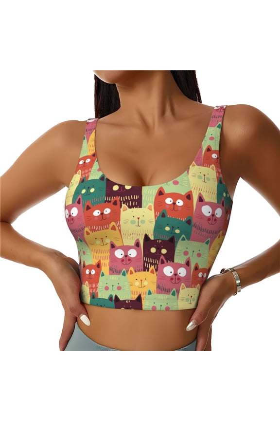 Cute Cartoon Cat Print Women's Sports Vest, Low-neck U-shaped Removable Pad Sports Bra for Yoga, Exercise, Dance-X-Large