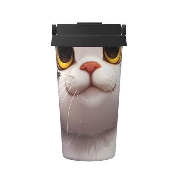 Gukieu Cute Cartoon Kitten Print Insulated Coffee Cup, Portable Stainless Steel Vacuum Cup with Lid, Unisex, Suitable for Office, Cafe, Car