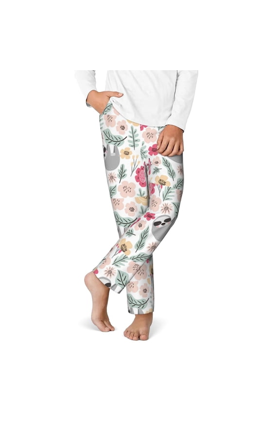 Cute Cartoon Sloth Print Youth Home Trousers, Elastic Waistband with Pockets for Home and Outing, Suitable for Children Aged 5-16-Medium