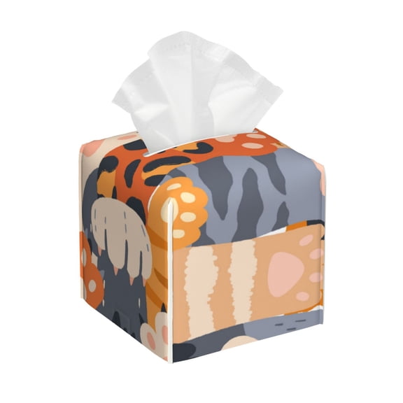 Gukieu Cute Cat Paw Print Leather Tissue Box, PVC Waterproof Velcro Opening and Closing Square Tissue Box Holder, Suitable for Home and Office Decoration