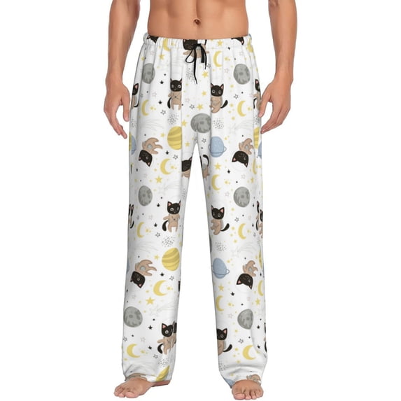 Gukieu Cute Cat Print Men's Home Trousers, Elastic Drawstring Home Pajamas Clothing Suitable for Adult Men-Small