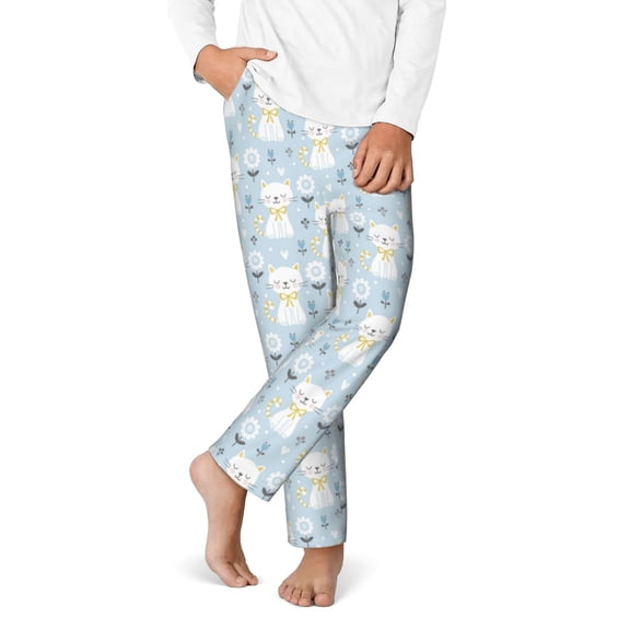 Gukieu Cute Cat Print Youth Home Trousers, Elastic Waistband with Pockets for Home and Outing, Suitable for Children Aged 5-16-Medium
