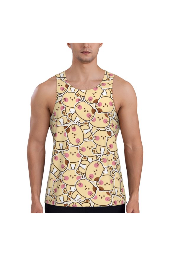 Cute Cats 4 Print Men's Quick Dry Fitness Vest, Round Neck Sleeveless Fitness Bodybuilding Top-Small
