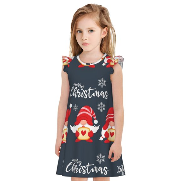 Gukieu Cute Christmas Gnomes (2) Print Girls' Flying Sleeves Nightdress, Round Neck Sleeveless Princess Dress, Nightgown and Home Clothes-Large