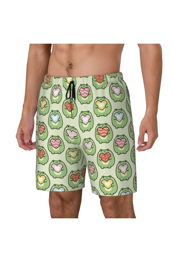 Cute Chubby Frog Print Men's Double Layer Sports Swim Trunks, Quick Dry Adjustable Waist Swim Shorts Swimwear-Small
