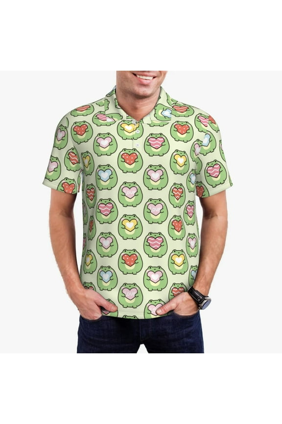 Cute Chubby Frog Print Men's Quick-drying POLO Shirt, Button-down Summer T-shirt, Suitable for Work and Outdoor Activities-Small