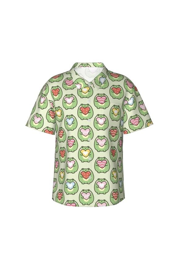 Cute Chubby Frog Print Men's Short-sleeved Shirts, Button-down Lapel Hawaiian Shirts, T-shirts, Beach Vacation Summer Casual Wear,Medium