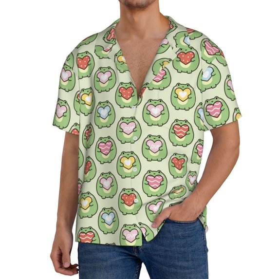 Gukieu Cute Chubby Frog Print Men's Short-sleeved Shirts, Button-down Pocket Shirts, T-shirts, Beach Vacation Travel Summer Clothing-Large