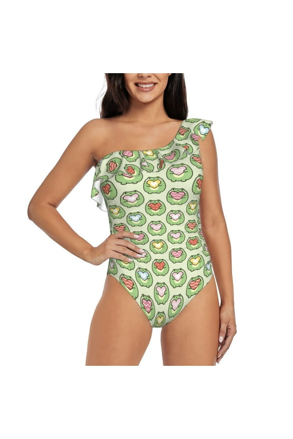 Cute Chubby Frog Print One-shoulder Ruffled One-piece Swimsuit with Removable Chest Pads and Tummy-control Swimsuit for Women-Medium