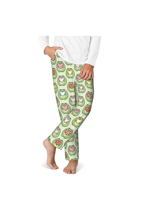 Cute Chubby Frog Print Youth Home Trousers, Elastic Waistband with Pockets for Home and Outing, Suitable for Children Aged 5-16-Medium