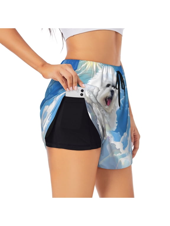Cute Cloud Bichon Frise Print Women's Sports Shorts with Drawstring Elastic Waistband for Running, Yoga, Fitness-XX-Large