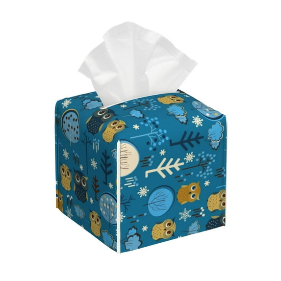 Gukieu Cute Colorful Owls And Trees Print Leather Tissue Box, PVC Waterproof Velcro Opening and Closing Square Tissue Box Holder, Suitable for Home and Office Decoration