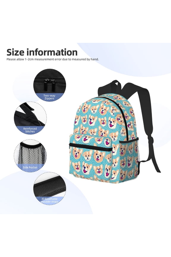 Cute Corgi Head Print Backpack, Waterproof Backpack with Adjustable Shoulder Straps, Suitable for Campus, Business, Travel, Unisex