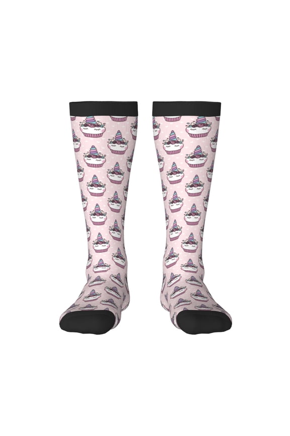 Cute Cupcake Print Contrast Color Stockings, Elastic Sports Socks Warm Socks Clothing Accessories, Adult Unisex