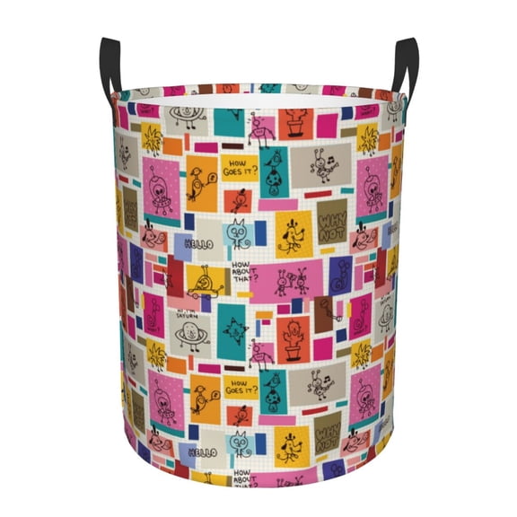 Gukieu Cute Doodles Print Round Dirty Clothes Bag, Waterproof Standing Home Bathroom Storage Basket Car Trunk Storage Bag-Medium