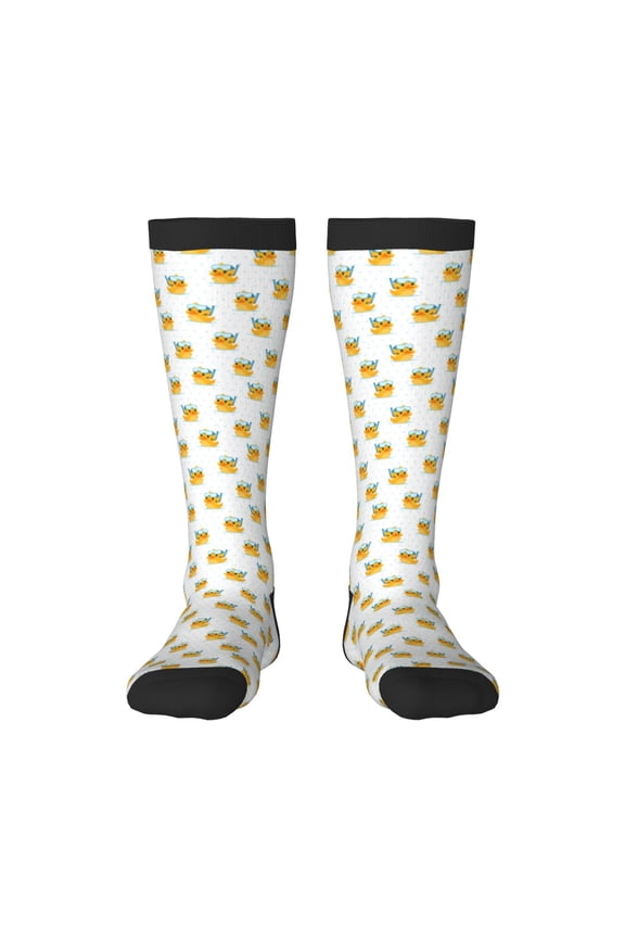 Cute Duck Diver Print Contrast Color Stockings, Elastic Sports Socks Warm Socks Clothing Accessories, Adult Unisex