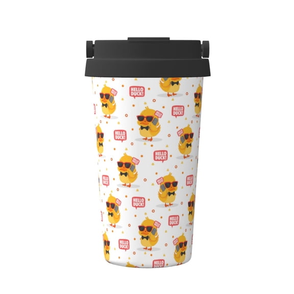 Gukieu Cute Duck Print Insulated Coffee Cup, Portable Stainless Steel Vacuum Cup with Lid, Unisex, Suitable for Office, Cafe, Car