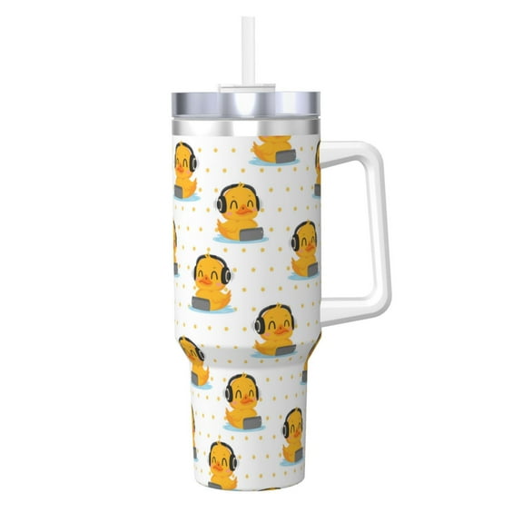 Gukieu Cute Duck With Headphone Print 40OZ Ice Cup, Stainless Steel Vacuum Kettle with Handle Suitable for Hot and Cold Drinks, Travel, Fitness