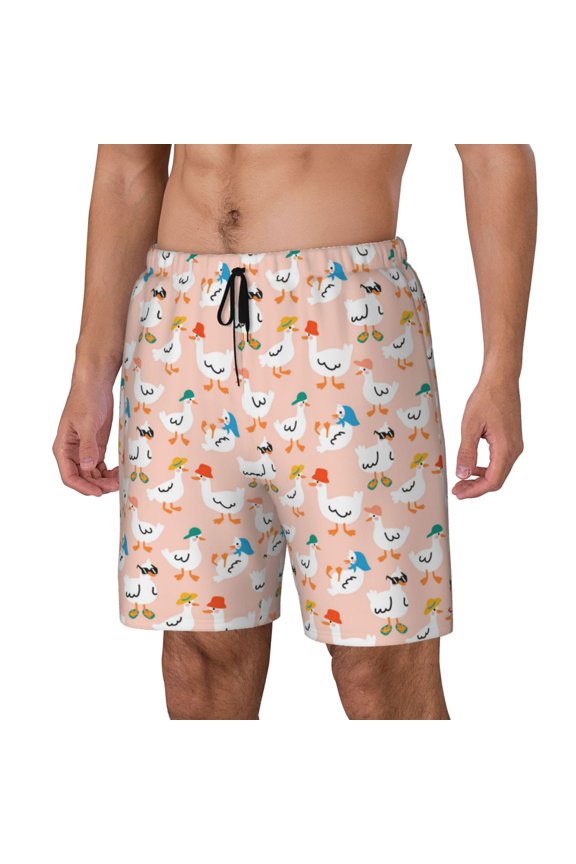 Cute Ducks In Hats Print Men's Double Layer Sports Swim Trunks, Quick Dry Adjustable Waist Swim Shorts Swimwear-Large