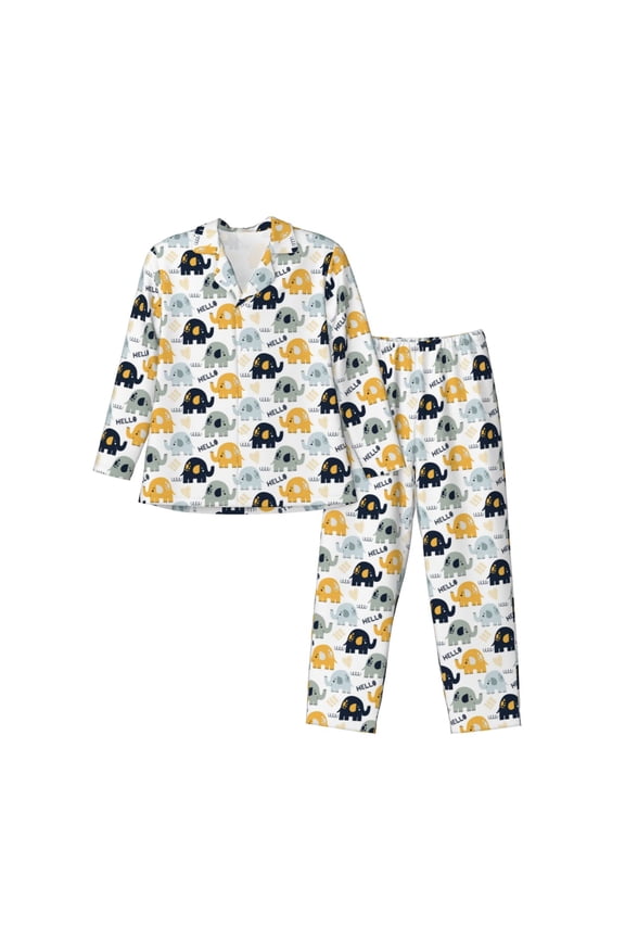 Cute Elephant Print Men's Long-sleeved Pajamas Set, Elastic Waist Pajamas Button-down Pajamas Two-piece Set, Suitable for Adult Male Home Wear-Large