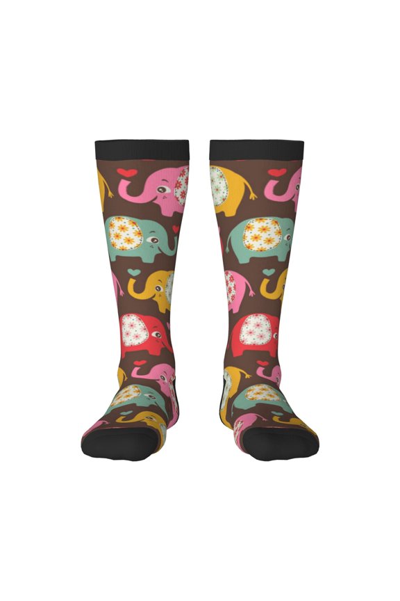 Cute Elephants Print Contrast Color Stockings, Elastic Sports Socks Warm Socks Clothing Accessories, Adult Unisex