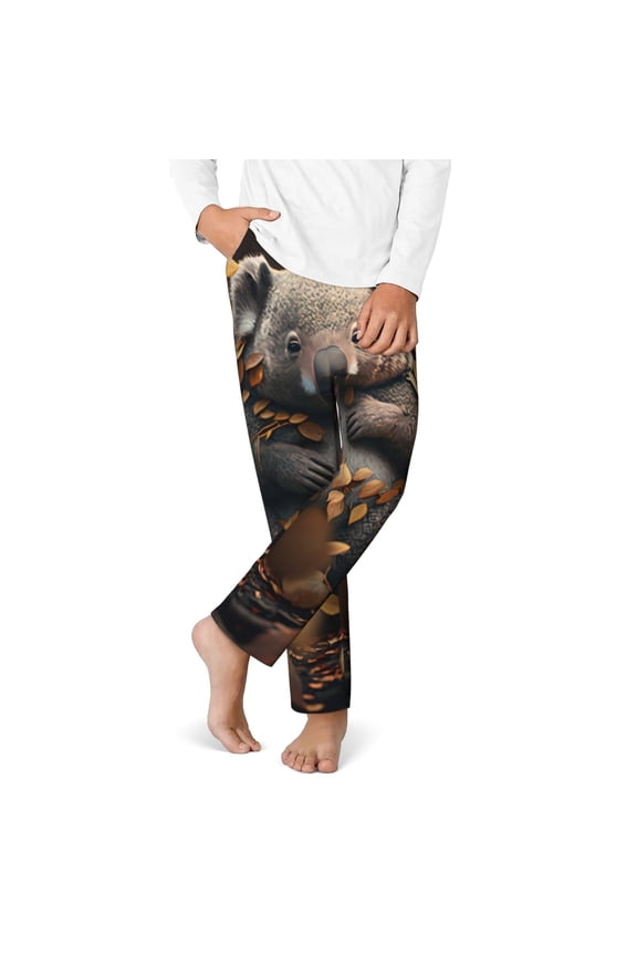 Cute Fallen Leaf Koala Print Youth Home Trousers, Elastic Waistband with Pockets for Home and Outing, Suitable for Children Aged 5-16-Small