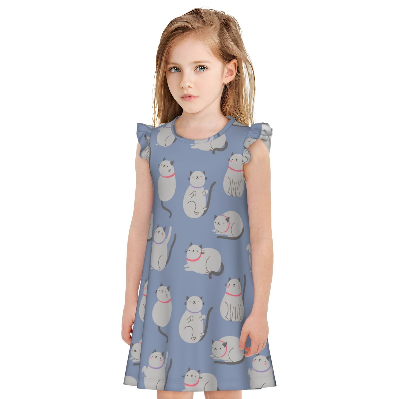 Gukieu Cute Fat Cat Print Girls' Flying Sleeves Nightdress, Round Neck ...