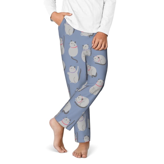 Gukieu Cute Fat Cat Print Youth Home Trousers, Elastic Waistband with Pockets for Home and Outing, Suitable for Children Aged 5-16-Large