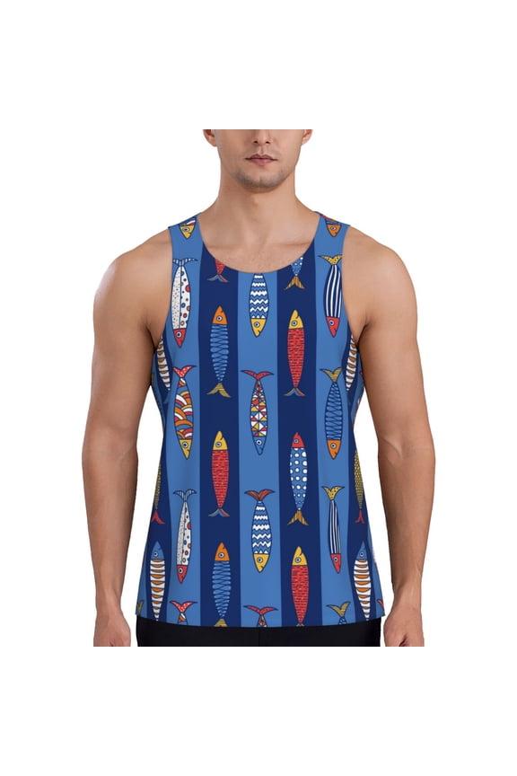 Cute Fish Print Men's Quick Dry Fitness Vest, Round Neck Sleeveless Fitness Bodybuilding Top-3X-Large
