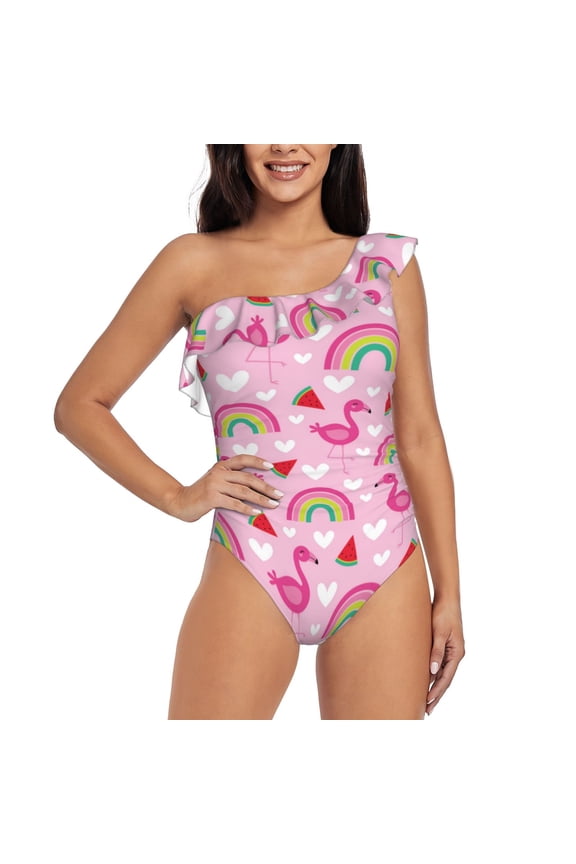 Cute Flamingo Print One-shoulder Ruffled One-piece Swimsuit with Removable Chest Pads and Tummy-control Swimsuit for Women-XX-Large