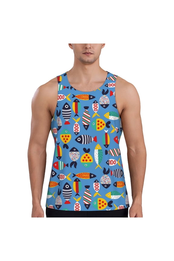 Cute Flat Fish Print Men's Quick Dry Fitness Vest, Round Neck Sleeveless Fitness Bodybuilding Top-4X-Large