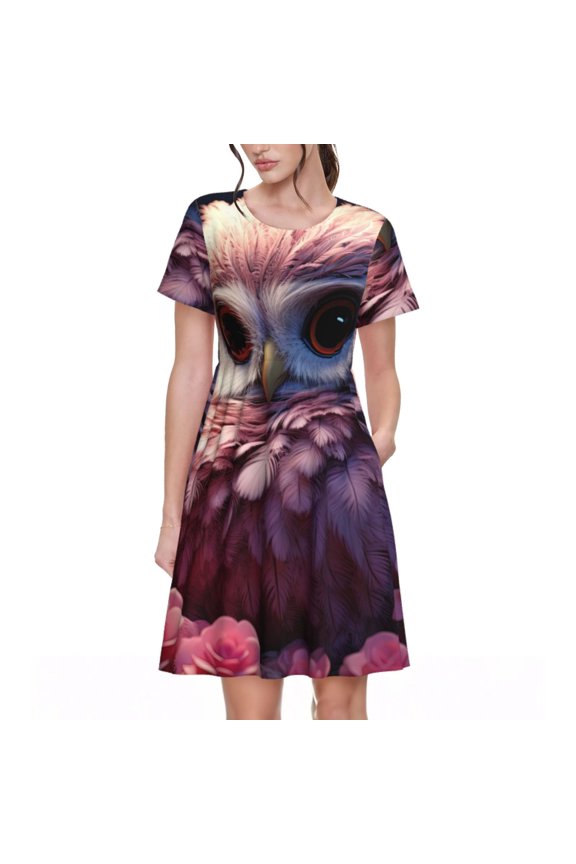 Cute Flower Owl Print Women's Short Sleeve Dress, Elastic Waistband A-line with Pockets Summer Dress, Suitable for Daily Leisure, Work, Vacation