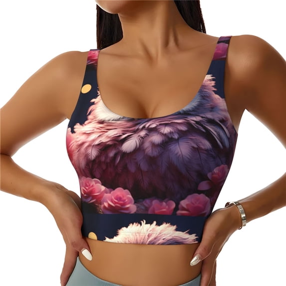Gukieu Cute Flower Owl Print Women's Sports Vest, Low-neck U-shaped Removable Pad Sports Bra for Yoga, Exercise, Dance-XX-Large