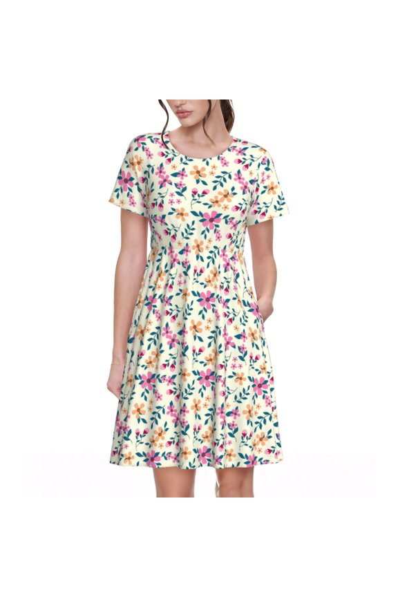 Cute Flower Print Women's Short Sleeve Dress, Elastic Waistband A-line with Pockets Summer Dress, Suitable for Daily Leisure, Work, Vacation