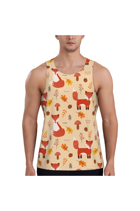 Cute Foxes Print Men's Quick Dry Fitness Vest, Round Neck Sleeveless Fitness Bodybuilding Top-3X-Large
