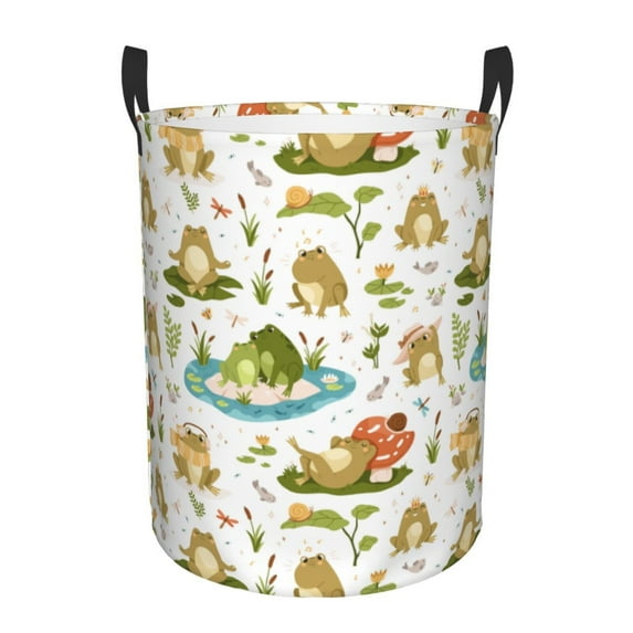 Gukieu Cute Frog Print Round Dirty Clothes Bag, Waterproof Standing Home Bathroom Storage Basket Car Trunk Storage Bag-Medium