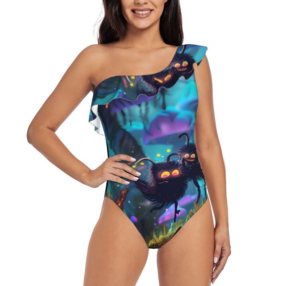Gukieu Cute Fuzzy Fantasy Creatures Print One-shoulder Ruffled One-piece Swimsuit with Removable Chest Pads and Tummy-control Swimsuit for Women-Large