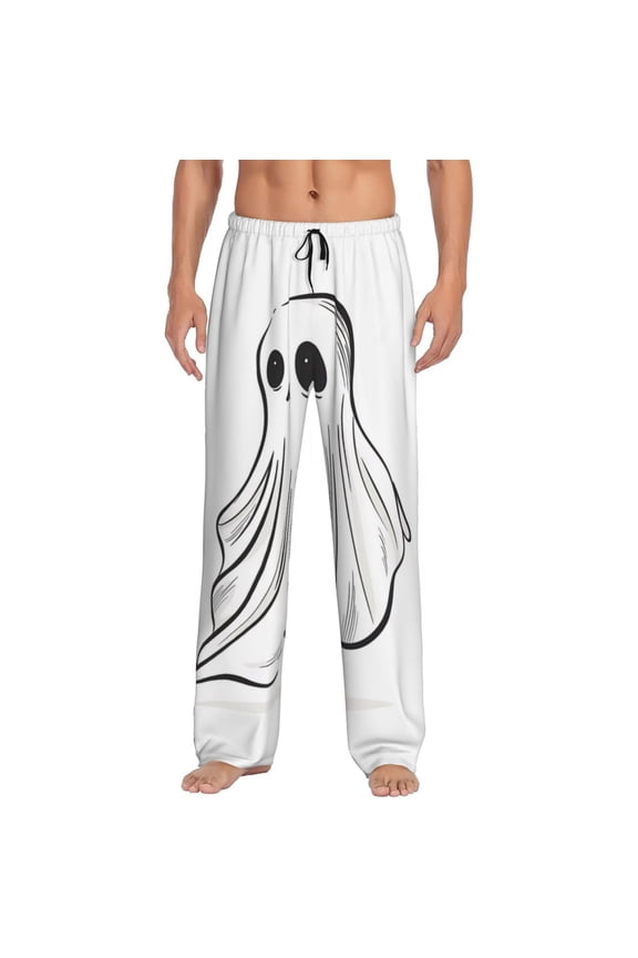 Cute Ghost Simple Drawing Print Men's Home Trousers, Elastic Drawstring Home Pajamas Clothing Suitable for Adult Men-