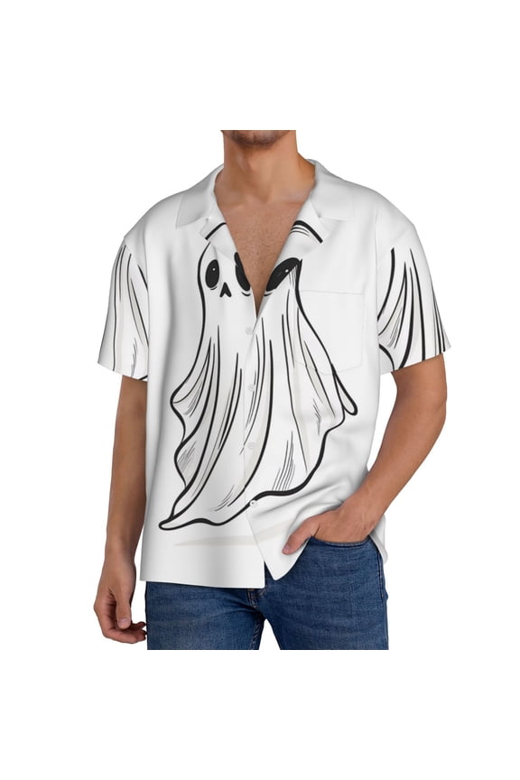 Cute Ghost Simple Drawing Print Men's Short-sleeved Shirts, Button-down Pocket Shirts, T-shirts, Beach Vacation Travel Summer Clothing-Small