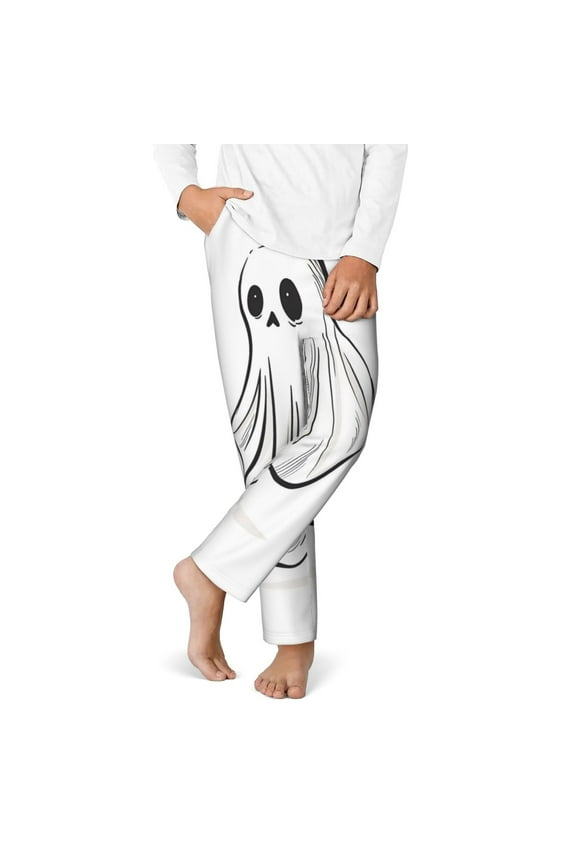 Cute Ghost Simple Drawing Print Youth Home Trousers, Elastic Waistband with Pockets for Home and Outing, Suitable for Children Aged 5-16-Small