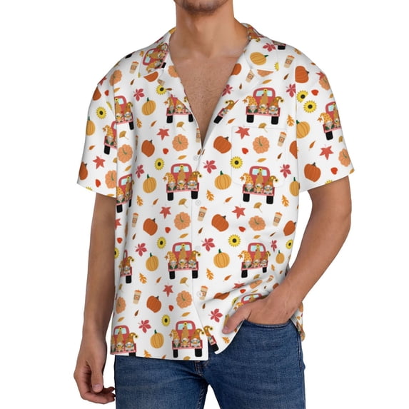 Gukieu Cute Gnomes In Red Truck Print Men's Short-sleeved Shirts, Button-down Pocket Shirts, T-shirts, Beach Vacation Travel Summer Clothing-Large