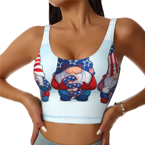 Gukieu Cute Gnomes in USA1 Print Women's Sports Vest, Low-neck U-shaped Removable Pad Sports Bra for Yoga, Exercise, Dance-X-Large