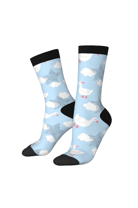 Cute Goose On A Blue Sky Print Contrast Color Mid-calf Socks, Sweat-wicking Athletic Socks, Unisex Clothing Accessories