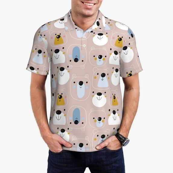 Gukieu Cute Hand Drawn Bear Print Men's Quick-drying POLO Shirt, Button-down Summer T-shirt, Suitable for Work and Outdoor Activities-Small