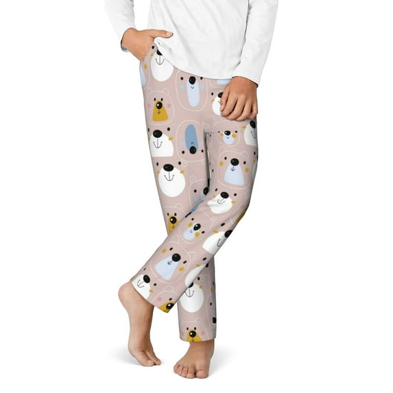 Gukieu Cute Hand Drawn Bear Print Youth Home Trousers, Elastic Waistband with Pockets for Home and Outing, Suitable for Children Aged 5-16-Medium