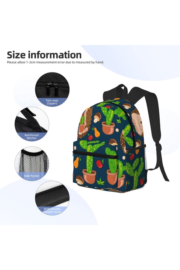 Cute Hedgehogs Cactus Blue Print Backpack, Waterproof Backpack with Adjustable Shoulder Straps, Suitable for Campus, Business, Travel, Unisex