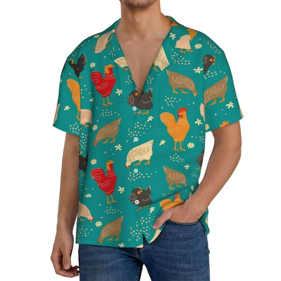 Gukieu Cute Hens And Rooster Print Men's Short-sleeved Shirts, Button-down Pocket Shirts, T-shirts, Beach Vacation Travel Summer Clothing-Small