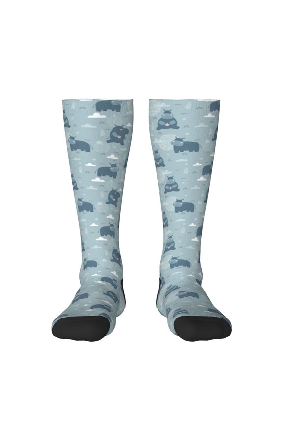 Cute Hippopotamus Print Contrast Color Stockings, Elastic Sports Socks Warm Socks Clothing Accessories, Adult Unisex