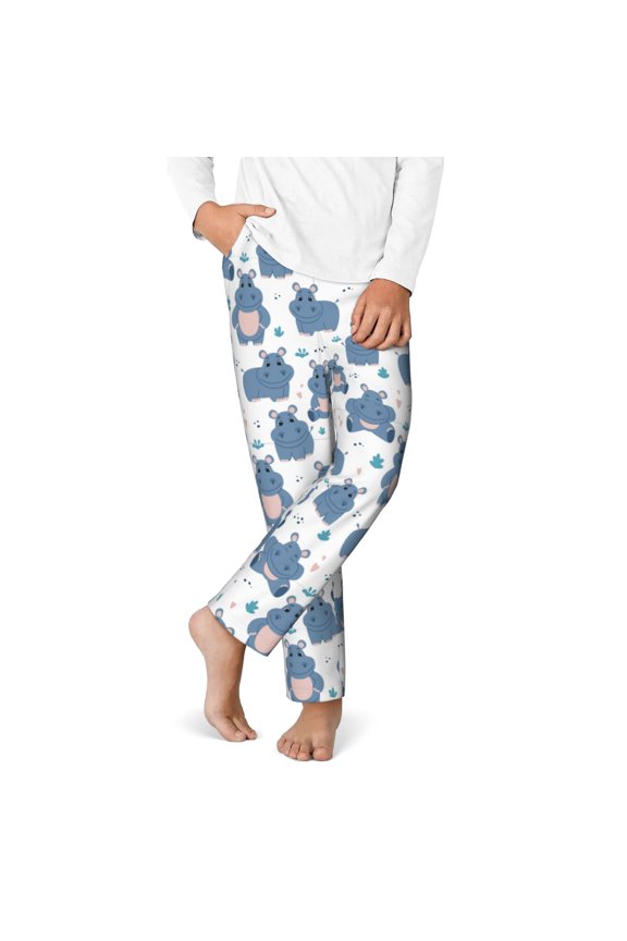 Cute Hippos Print Youth Home Trousers, Elastic Waistband with Pockets for Home and Outing, Suitable for Children Aged 5-16-XS(5-6)