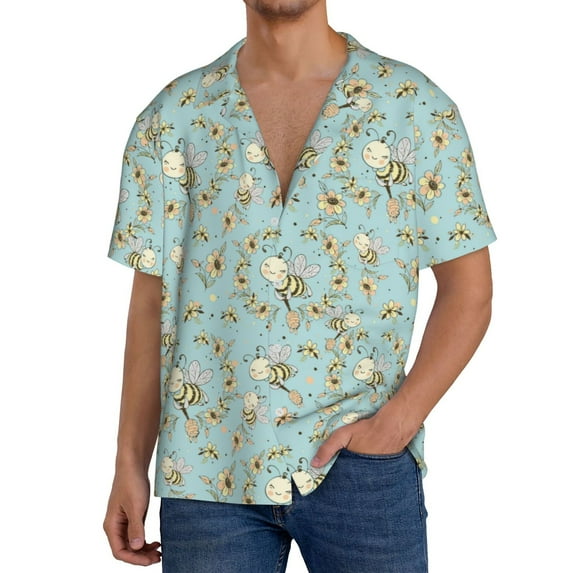 Gukieu Cute Honeybees Print Men's Short-sleeved Shirts, Button-down Pocket Shirts, T-shirts, Beach Vacation Travel Summer Clothing-Small